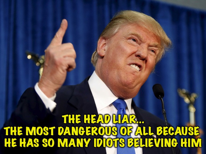 Trump Stupid | THE HEAD LIAR...
THE MOST DANGEROUS OF ALL BECAUSE 
HE HAS SO MANY IDIOTS BELIEVING HIM | image tagged in trump stupid | made w/ Imgflip meme maker