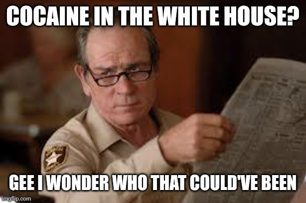 no country for old men tommy lee jones | COCAINE IN THE WHITE HOUSE? GEE I WONDER WHO THAT COULD'VE BEEN | image tagged in no country for old men tommy lee jones | made w/ Imgflip meme maker