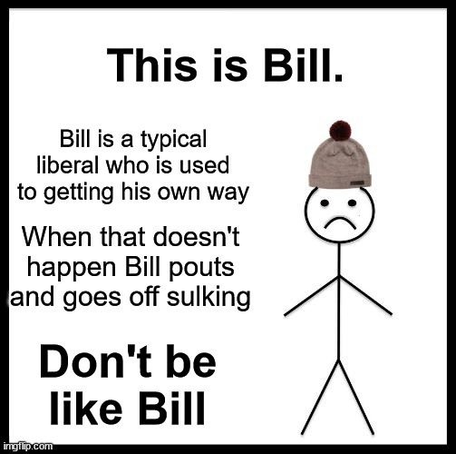 Don't be a whiner... Don't be like Bill. | This is Bill. Bill is a typical liberal who is used to getting his own way; When that doesn't happen Bill pouts and goes off sulking; Don't be like Bill | image tagged in don't be like bill,crybaby,triggered liberal | made w/ Imgflip meme maker
