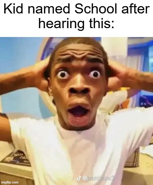 Shocked black guy | Kid named School after
hearing this: | image tagged in shocked black guy | made w/ Imgflip meme maker