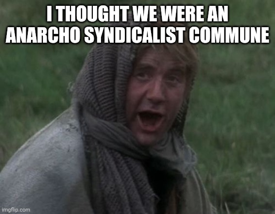 Dennis from Monty Python | I THOUGHT WE WERE AN ANARCHO SYNDICALIST COMMUNE | image tagged in dennis from monty python | made w/ Imgflip meme maker