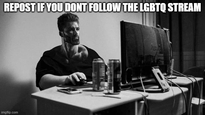 Gigachad On The Computer | REPOST IF YOU DONT FOLLOW THE LGBTQ STREAM | image tagged in gigachad on the computer | made w/ Imgflip meme maker