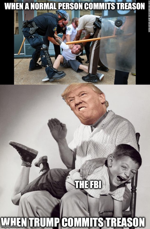 WHEN A NORMAL PERSON COMMITS TREASON; THE FBI; WHEN TRUMP COMMITS TREASON | image tagged in cops beat white man for resisting arrest,spanking | made w/ Imgflip meme maker