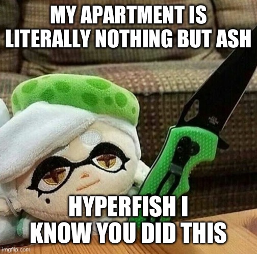 He’s gonna end up in prison again | MY APARTMENT IS LITERALLY NOTHING BUT ASH; HYPERFISH I KNOW YOU DID THIS | image tagged in marie plush with a knife,memes,splatoon | made w/ Imgflip meme maker