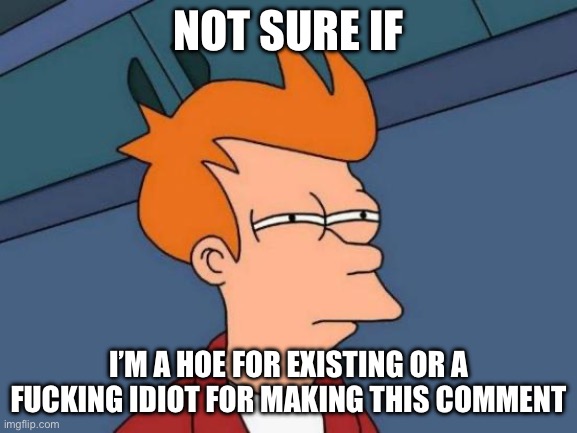 Futurama Fry Meme | NOT SURE IF I’M A HOE FOR EXISTING OR A FUCKING IDIOT FOR MAKING THIS COMMENT | image tagged in memes,futurama fry | made w/ Imgflip meme maker