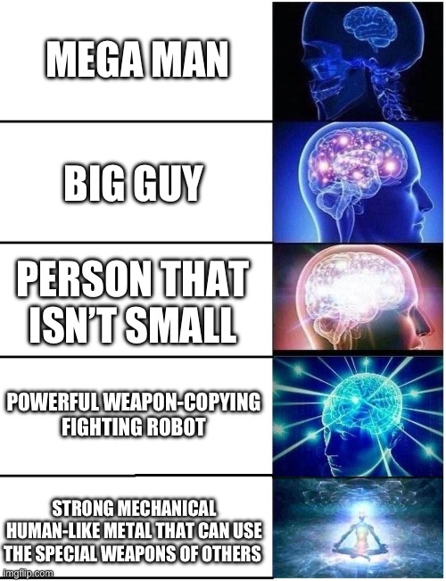 Smort | MEGA MAN; BIG GUY; PERSON THAT ISN’T SMALL; POWERFUL WEAPON-COPYING FIGHTING ROBOT; STRONG MECHANICAL HUMAN-LIKE METAL THAT CAN USE THE SPECIAL WEAPONS OF OTHERS | image tagged in expanding brain 5 panel | made w/ Imgflip meme maker