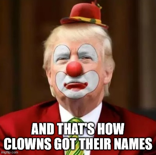 Donald Trump Clown | AND THAT'S HOW CLOWNS GOT THEIR NAMES | image tagged in donald trump clown | made w/ Imgflip meme maker