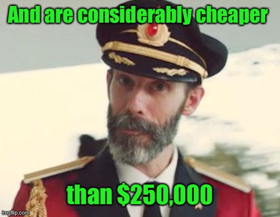 Captain Obvious | And are considerably cheaper than $250,000 | image tagged in captain obvious | made w/ Imgflip meme maker