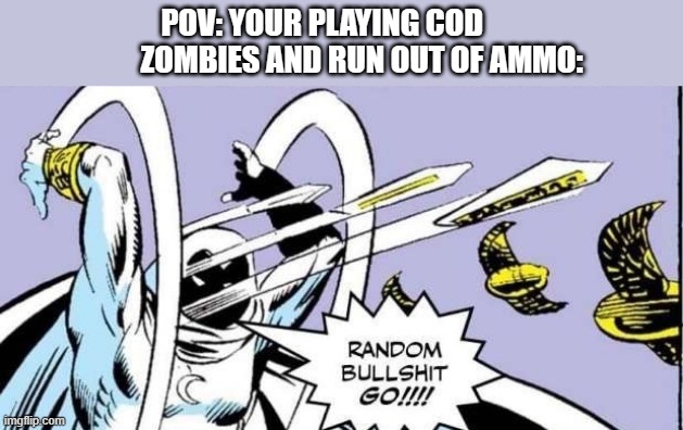 Random Bullshit Go | POV: YOUR PLAYING COD              ZOMBIES AND RUN OUT OF AMMO: | image tagged in random bullshit go | made w/ Imgflip meme maker