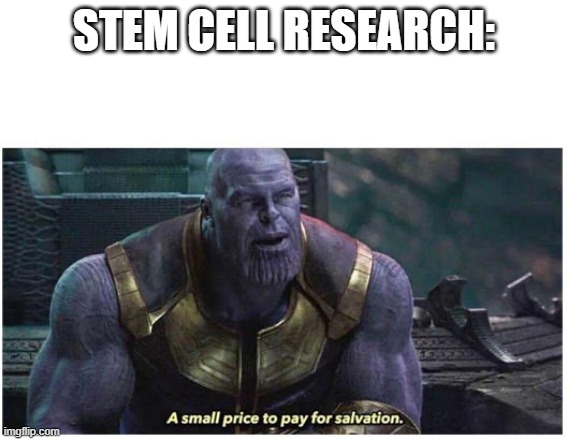 Not sure if it is politics, but just to be safe... | STEM CELL RESEARCH: | image tagged in a small price to pay for salvation | made w/ Imgflip meme maker