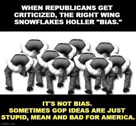 Poor babies got a boo-boo and now their widdle feelings are hurt. | WHEN REPUBLICANS GET 
CRITICIZED, THE RIGHT WING 
SNOWFLAKES HOLLER "BIAS."; IT'S NOT BIAS. 
SOMETIMES GOP IDEAS ARE JUST 
STUPID, MEAN AND BAD FOR AMERICA. | image tagged in right wing,snowflakes,gop,republican,crybabies,bias | made w/ Imgflip meme maker