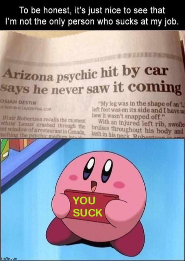 image tagged in kirby says you suck,you had one job | made w/ Imgflip meme maker