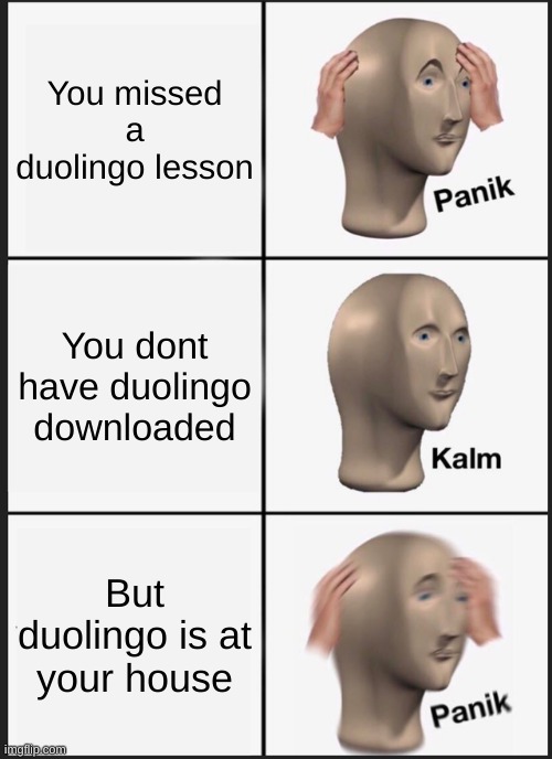 Duolingo no! | You missed a duolingo lesson; You dont have duolingo downloaded; But duolingo is at your house | image tagged in memes,panik kalm panik | made w/ Imgflip meme maker