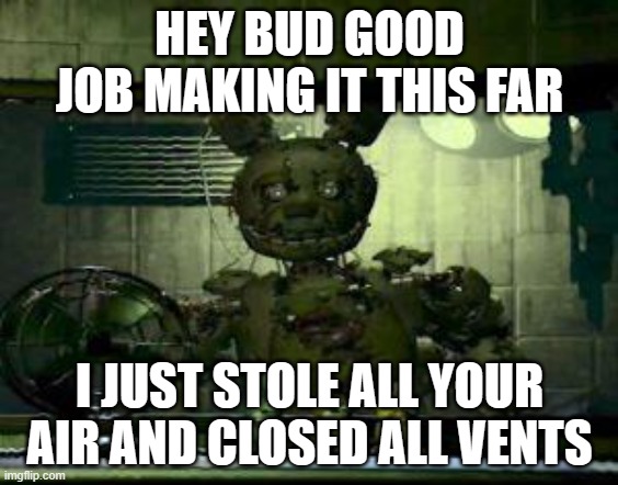 welcome back NOW DIE | HEY BUD GOOD JOB MAKING IT THIS FAR; I JUST STOLE ALL YOUR AIR AND CLOSED ALL VENTS | image tagged in fnaf springtrap in window | made w/ Imgflip meme maker