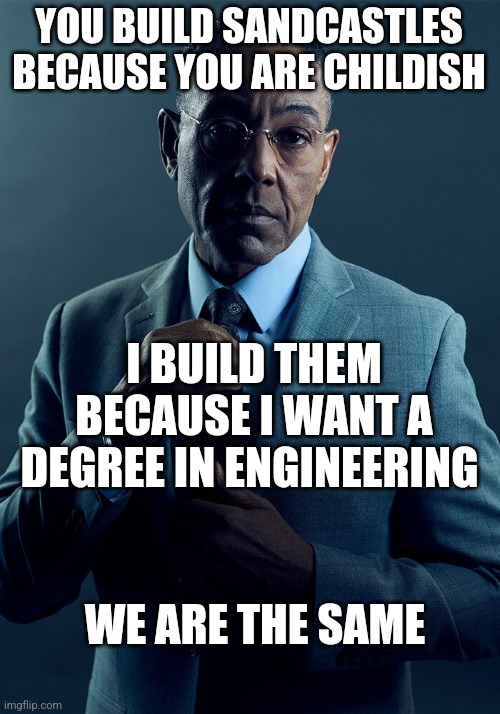 Gus Fring we are not the same | YOU BUILD SANDCASTLES BECAUSE YOU ARE CHILDISH; I BUILD THEM BECAUSE I WANT A DEGREE IN ENGINEERING; WE ARE THE SAME | image tagged in gus fring we are not the same | made w/ Imgflip meme maker