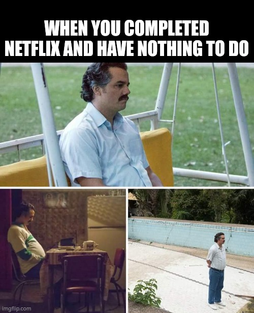 Nearly there! | WHEN YOU COMPLETED NETFLIX AND HAVE NOTHING TO DO | image tagged in memes,sad pablo escobar | made w/ Imgflip meme maker