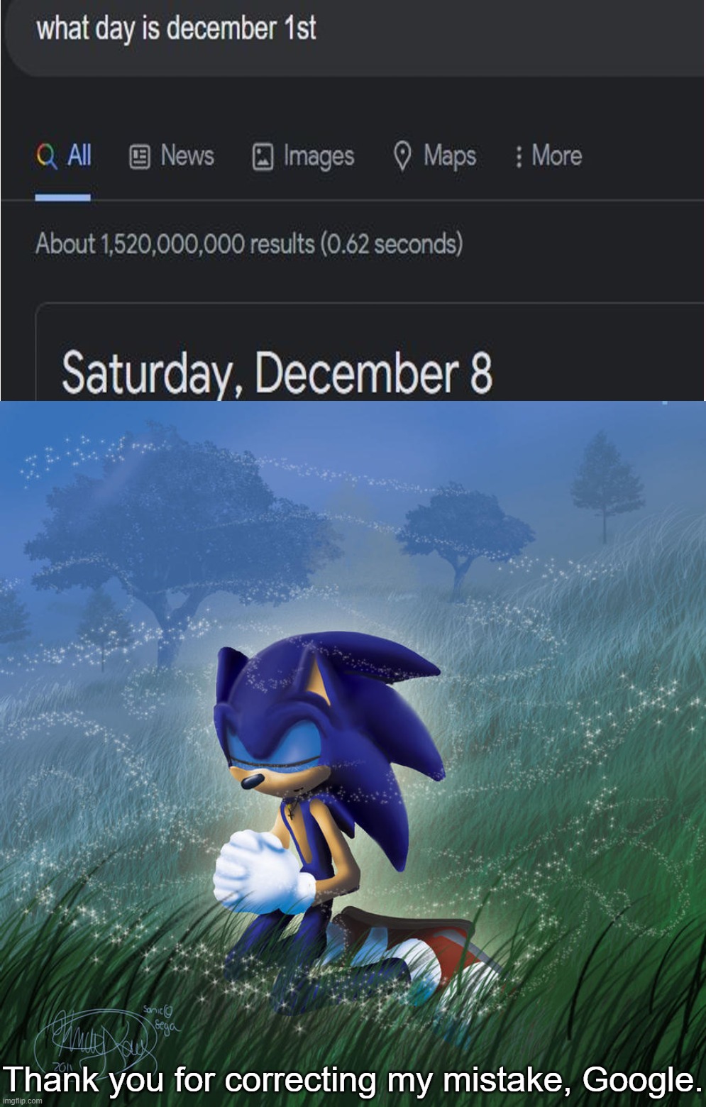 Thank you for correcting my mistake, Google. | image tagged in praying sonic | made w/ Imgflip meme maker
