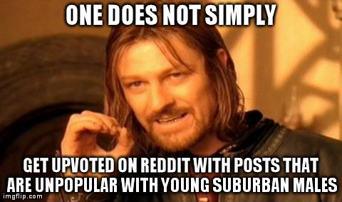 One Does Not Simply Meme | ONE DOES NOT SIMPLY GET UPVOTED ON REDDIT WITH POSTS THAT ARE UNPOPULAR WITH YOUNG SUBURBAN MALES | image tagged in memes,one does not simply | made w/ Imgflip meme maker