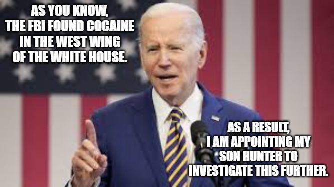 Hunter Biden | AS YOU KNOW, THE FBI FOUND COCAINE IN THE WEST WING OF THE WHITE HOUSE. AS A RESULT, I AM APPOINTING MY SON HUNTER TO INVESTIGATE THIS FURTHER. | image tagged in cocaine | made w/ Imgflip meme maker