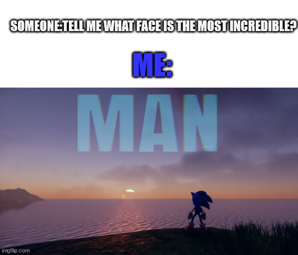 The reality behind the frontiers | SOMEONE:TELL ME WHAT FACE IS THE MOST INCREDIBLE? ME: | image tagged in blank white template,man sonic | made w/ Imgflip meme maker