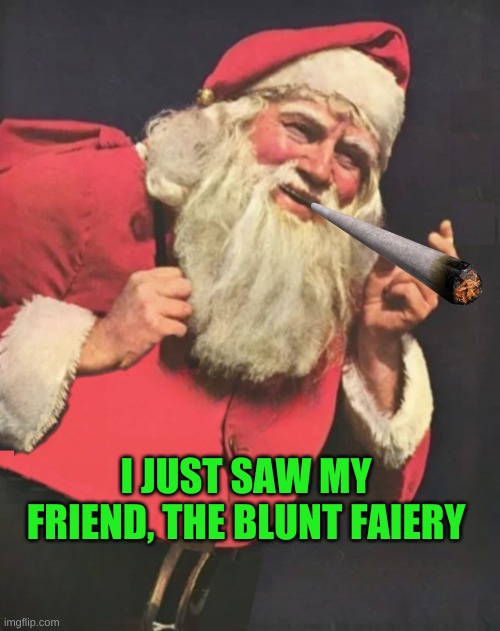 Santa You Want What? | I JUST SAW MY FRIEND, THE BLUNT FAIERY | image tagged in santa you want what,blunt,hits blunt,fairy,merry christmas,cannabis | made w/ Imgflip meme maker
