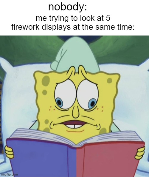 Spongebob reading | nobody:; me trying to look at 5 firework displays at the same time: | image tagged in spongebob reading | made w/ Imgflip meme maker