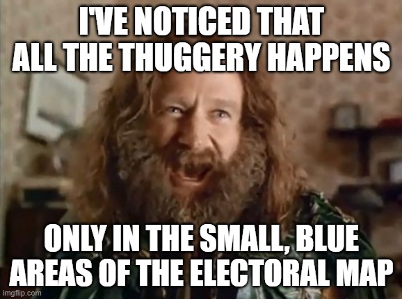 What Year Is It | I'VE NOTICED THAT ALL THE THUGGERY HAPPENS; ONLY IN THE SMALL, BLUE AREAS OF THE ELECTORAL MAP | image tagged in memes,what year is it | made w/ Imgflip meme maker