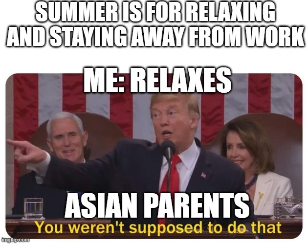 istg they always be shoving summer school up our ass | SUMMER IS FOR RELAXING AND STAYING AWAY FROM WORK; ME: RELAXES; ASIAN PARENTS | image tagged in you weren't supposed to do that | made w/ Imgflip meme maker