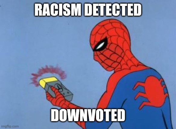 spiderman detector | RACISM DETECTED DOWNVOTED | image tagged in spiderman detector | made w/ Imgflip meme maker