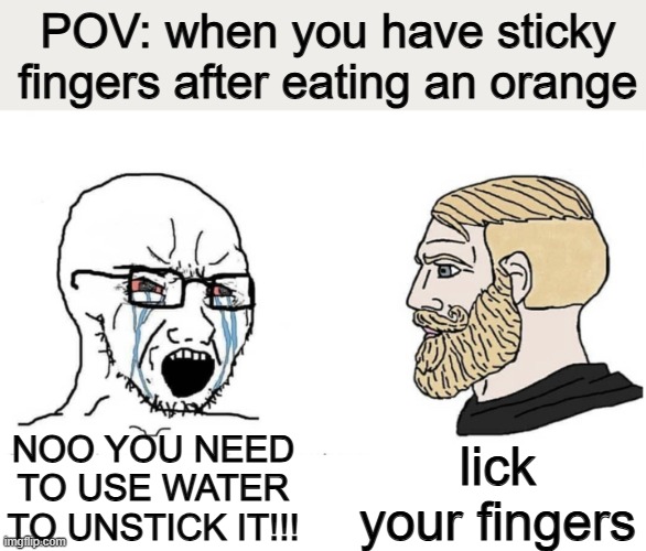 Soyboy Vs Yes Chad | POV: when you have sticky fingers after eating an orange; lick your fingers; NOO YOU NEED TO USE WATER TO UNSTICK IT!!! | image tagged in soyboy vs yes chad | made w/ Imgflip meme maker