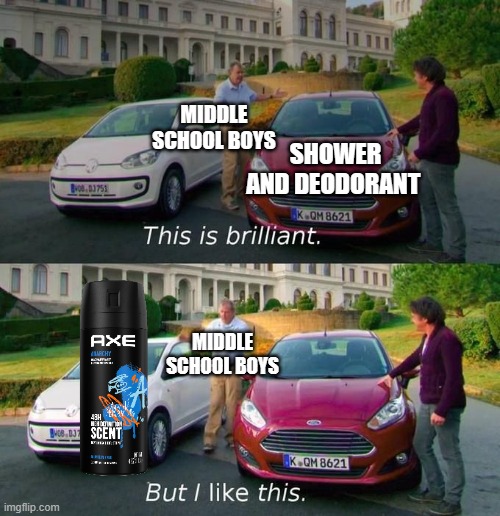 Axe Body Spray is cringe | MIDDLE SCHOOL BOYS; SHOWER AND DEODORANT; MIDDLE SCHOOL BOYS | image tagged in this is brilliant but i like this,middle school | made w/ Imgflip meme maker