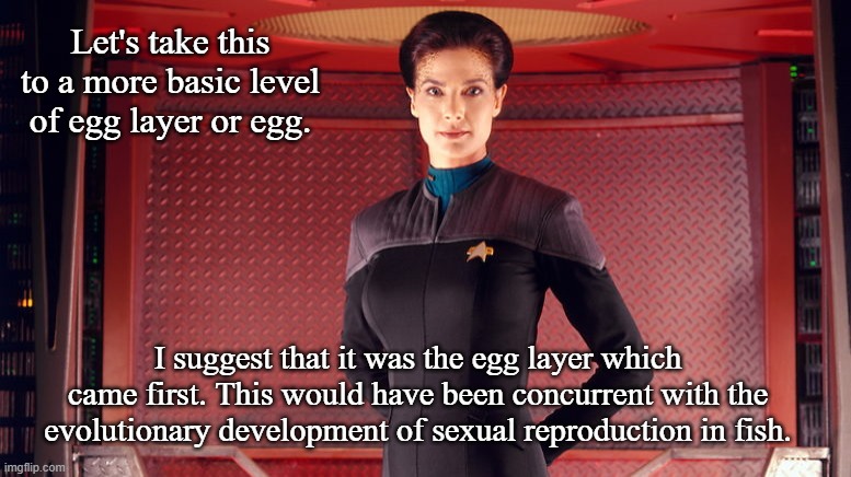 Jadzia Dax, Chief Science Officer | Let's take this to a more basic level of egg layer or egg. I suggest that it was the egg layer which came first. This would have been concur | image tagged in jadzia dax chief science officer | made w/ Imgflip meme maker