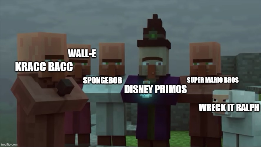 Disney's Primos Meme | WALL-E; KRACC BACC; SUPER MARIO BROS; SPONGEBOB; DISNEY PRIMOS; WRECK IT RALPH | image tagged in villager news pissed | made w/ Imgflip meme maker