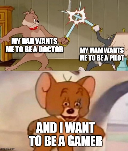 Tom and Jerry swordfight | MY DAD WANTS ME TO BE A DOCTOR; MY MAM WANTS ME TO BE A PILOT; AND I WANT TO BE A GAMER | image tagged in tom and jerry swordfight | made w/ Imgflip meme maker