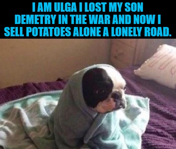 I AM ULGA I LOST MY SON DEMETRY IN THE WAR AND NOW I SELL POTATOES ALONE A LONELY ROAD. | made w/ Imgflip meme maker
