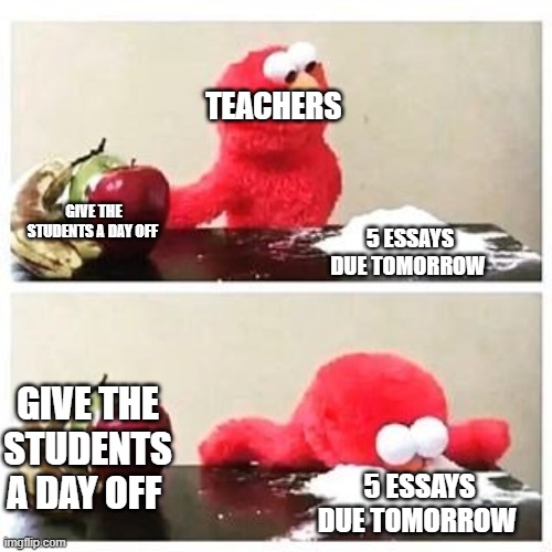 essays | TEACHERS; GIVE THE STUDENTS A DAY OFF; 5 ESSAYS DUE TOMORROW; GIVE THE STUDENTS A DAY OFF; 5 ESSAYS DUE TOMORROW | image tagged in elmo cocaine | made w/ Imgflip meme maker