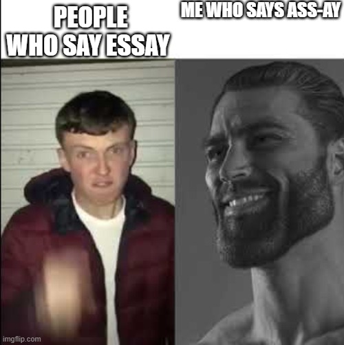 assay | ME WHO SAYS ASS-AY; PEOPLE WHO SAY ESSAY | image tagged in giga chad template | made w/ Imgflip meme maker