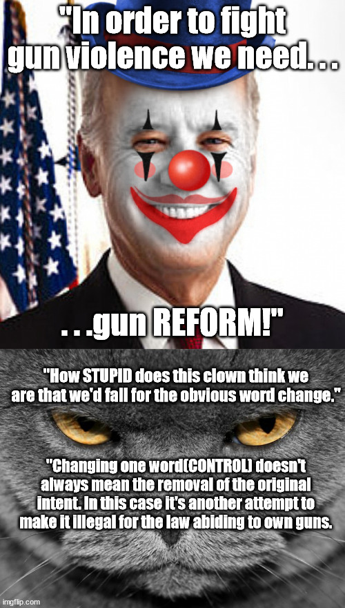 Only dems/libs/leftists would be stupid enough to fall for this. . .the rest of us, not so much. | "In order to fight gun violence we need. . . . . .gun REFORM!"; "How STUPID does this clown think we are that we'd fall for the obvious word change."; "Changing one word(CONTROL) doesn't always mean the removal of the original intent. In this case it's another attempt to make it illegal for the law abiding to own guns. | image tagged in joe biden clown,grumpy graey cat,scumbag government,stupid liberals,politics | made w/ Imgflip meme maker