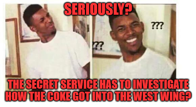 West Wing Coke | SERIOUSLY? THE SECRET SERVICE HAS TO INVESTIGATE HOW THE COKE GOT INTO THE WEST WING? | image tagged in doubt man | made w/ Imgflip meme maker