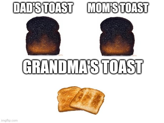 Doesn't happen to me but still I heard it happens | MOM'S TOAST; DAD'S TOAST; GRANDMA'S TOAST | image tagged in blank white template,toast,grandma,mom,dad | made w/ Imgflip meme maker