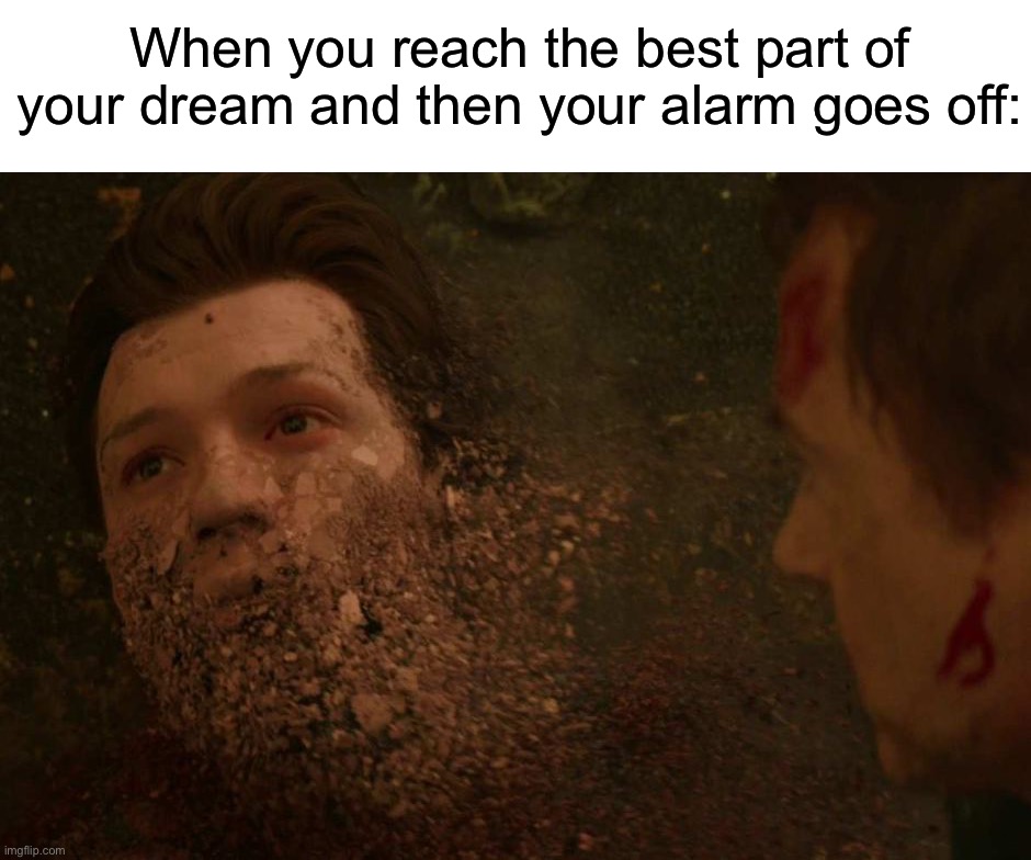 This has happened to me one too many times | When you reach the best part of your dream and then your alarm goes off: | image tagged in spiderman getting thanos snapped,memes,funny,true story,relatable memes,sleeping | made w/ Imgflip meme maker