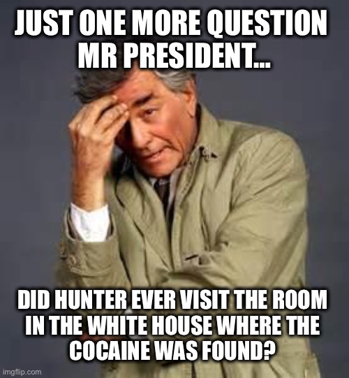 The question everyone is thinking | JUST ONE MORE QUESTION 
MR PRESIDENT…; DID HUNTER EVER VISIT THE ROOM
IN THE WHITE HOUSE WHERE THE
COCAINE WAS FOUND? | image tagged in columbo | made w/ Imgflip meme maker