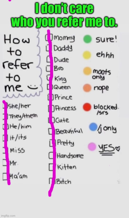 How To Refer To Me :) | I don’t care who you refer me to. | image tagged in how to refer to me | made w/ Imgflip meme maker