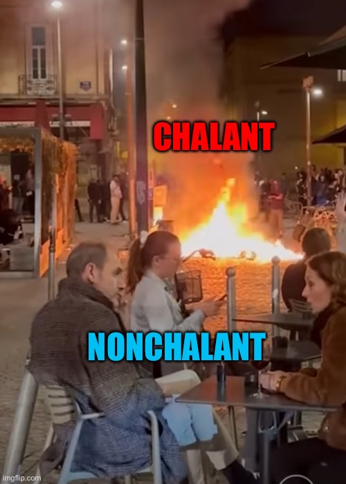 Le Francais et La Francaise | CHALANT; NONCHALANT | image tagged in french couple dining behind riots,french | made w/ Imgflip meme maker