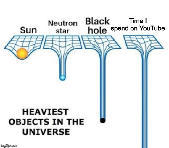 Used in comment | Time I spend on YouTube | image tagged in heaviest objects in the universe,memes,funny,relatable,relatable memes,front page plz | made w/ Imgflip meme maker