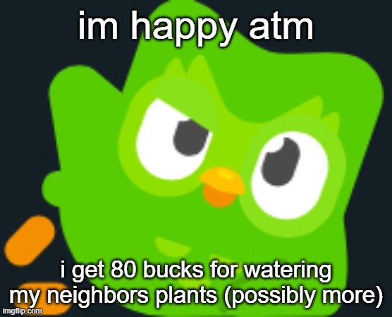 Duo rizz | im happy atm; i get 80 bucks for watering my neighbors plants (possibly more) | image tagged in duo rizz | made w/ Imgflip meme maker
