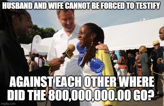 Spouse can't testify | HUSBAND AND WIFE CANNOT BE FORCED TO TESTIFY; AGAINST EACH OTHER WHERE DID THE 800,000,000.00 GO? | image tagged in spouse can't testify | made w/ Imgflip meme maker