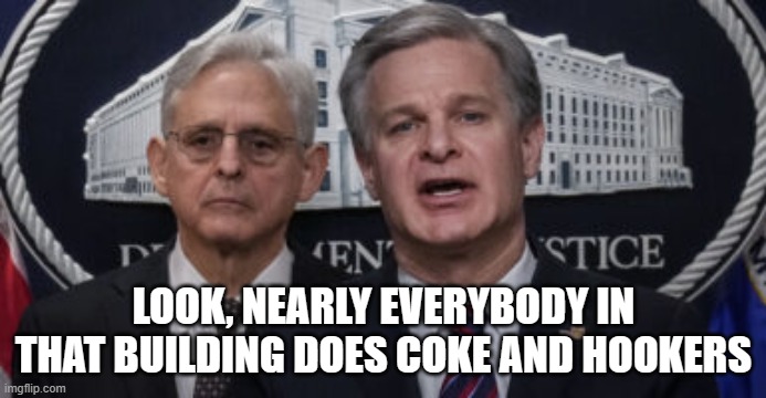 MERRICK GARLAND AND CHRISTOPHER WRAY | LOOK, NEARLY EVERYBODY IN THAT BUILDING DOES COKE AND HOOKERS | image tagged in merrick garland and christopher wray | made w/ Imgflip meme maker