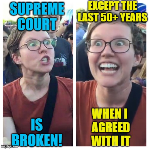 It's OK when we do it | EXCEPT THE LAST 50+ YEARS; SUPREME COURT; WHEN I 
AGREED
WITH IT; IS
BROKEN! | image tagged in social justice warrior hypocrisy,supreme court | made w/ Imgflip meme maker