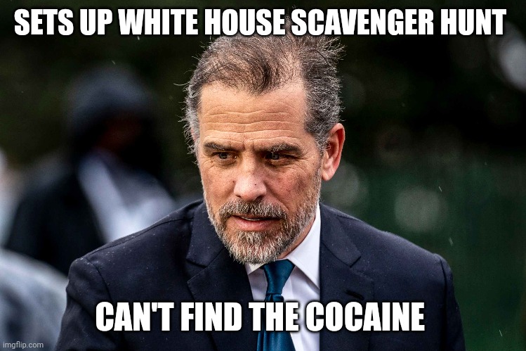 Hunter biden | SETS UP WHITE HOUSE SCAVENGER HUNT; CAN'T FIND THE COCAINE | image tagged in hunter biden | made w/ Imgflip meme maker